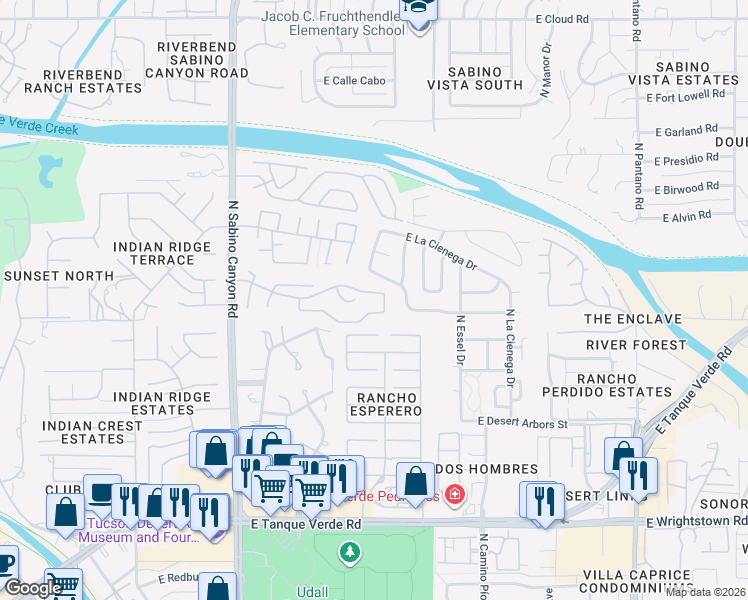 map of restaurants, bars, coffee shops, grocery stores, and more near 7392 East Vactor Ranch Trail in Tucson