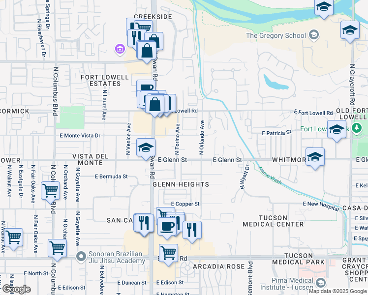 map of restaurants, bars, coffee shops, grocery stores, and more near 2838 North Torino Avenue in Tucson