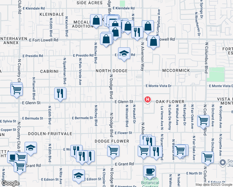 map of restaurants, bars, coffee shops, grocery stores, and more near 3744 East Monte Vista Drive in Tucson