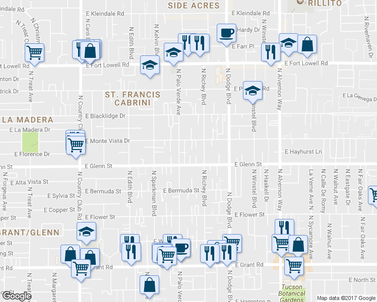 map of restaurants, bars, coffee shops, grocery stores, and more near 3540 East Monte Vista Drive in Tucson