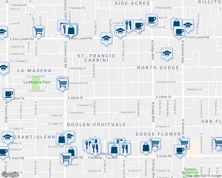 map of restaurants, bars, coffee shops, grocery stores, and more near 2884 North Sparkman Boulevard in Tucson