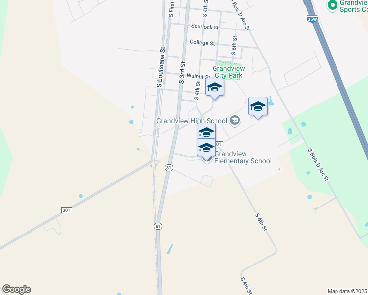 map of restaurants, bars, coffee shops, grocery stores, and more near 901 South 3rd Street in Grandview