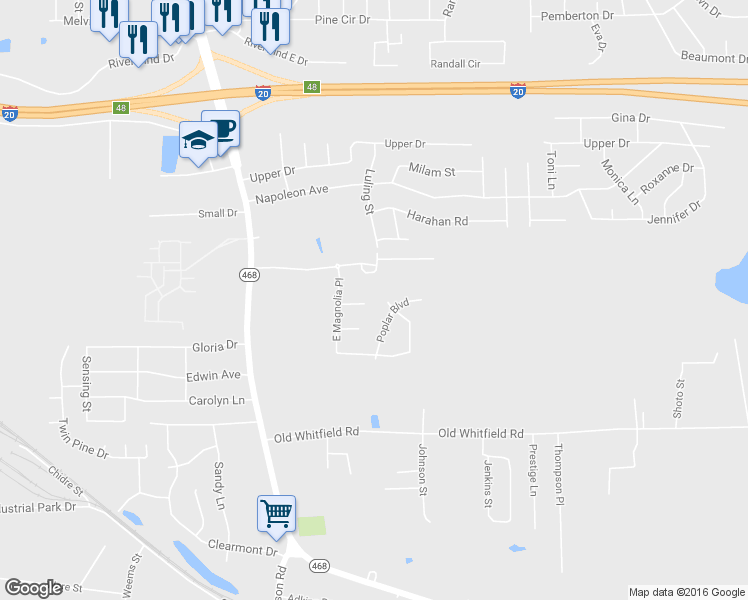 map of restaurants, bars, coffee shops, grocery stores, and more near 110 River Pointe Place in Pearl
