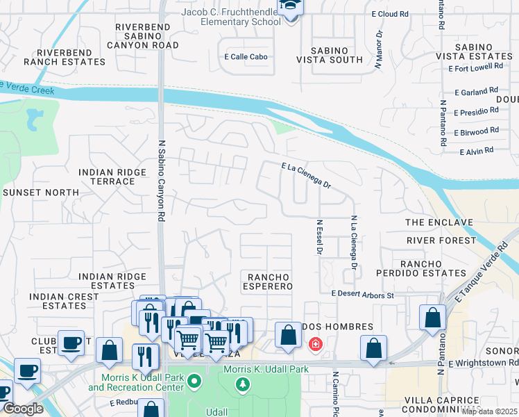 map of restaurants, bars, coffee shops, grocery stores, and more near 7392 East Vactor Ranch Trail in Tucson