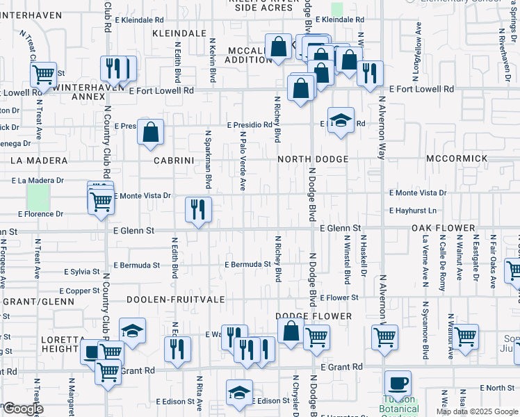 map of restaurants, bars, coffee shops, grocery stores, and more near 3540 East Monte Vista Drive in Tucson
