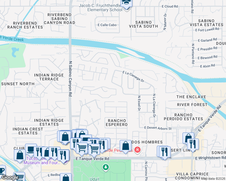 map of restaurants, bars, coffee shops, grocery stores, and more near 7392 East Vactor Ranch Trail in Tucson