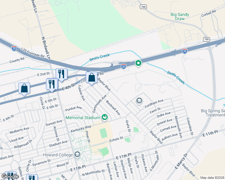 map of restaurants, bars, coffee shops, grocery stores, and more near 611 Baylor Boulevard in Big Spring