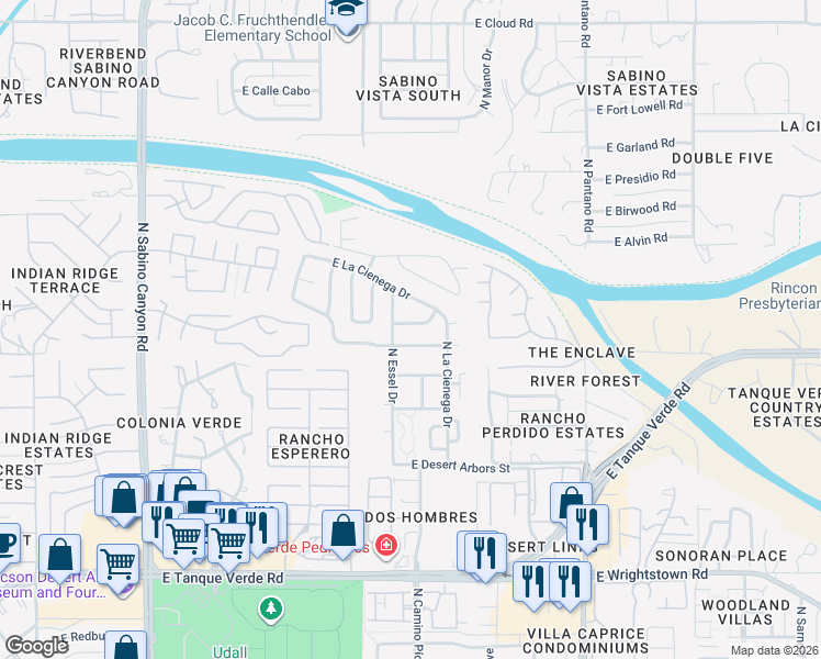 map of restaurants, bars, coffee shops, grocery stores, and more near 7576 East Camino Del Río in Tucson