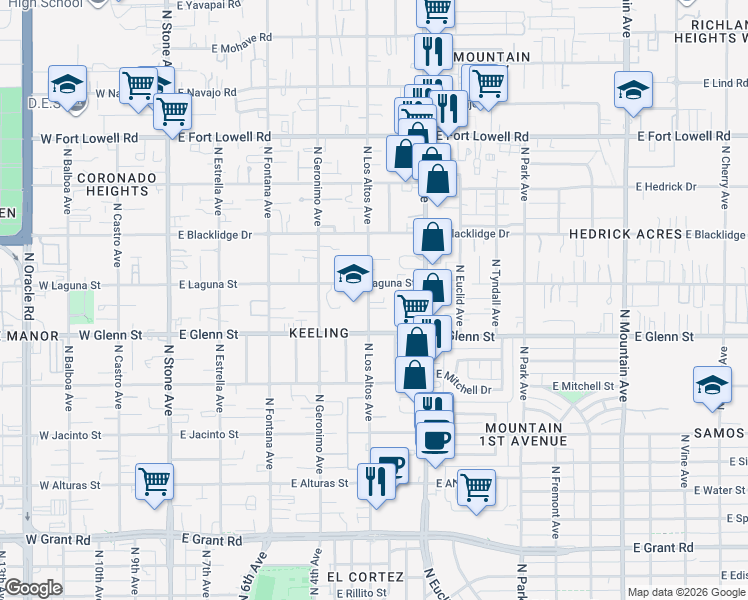 map of restaurants, bars, coffee shops, grocery stores, and more near 532 East Laguna Street in Tucson