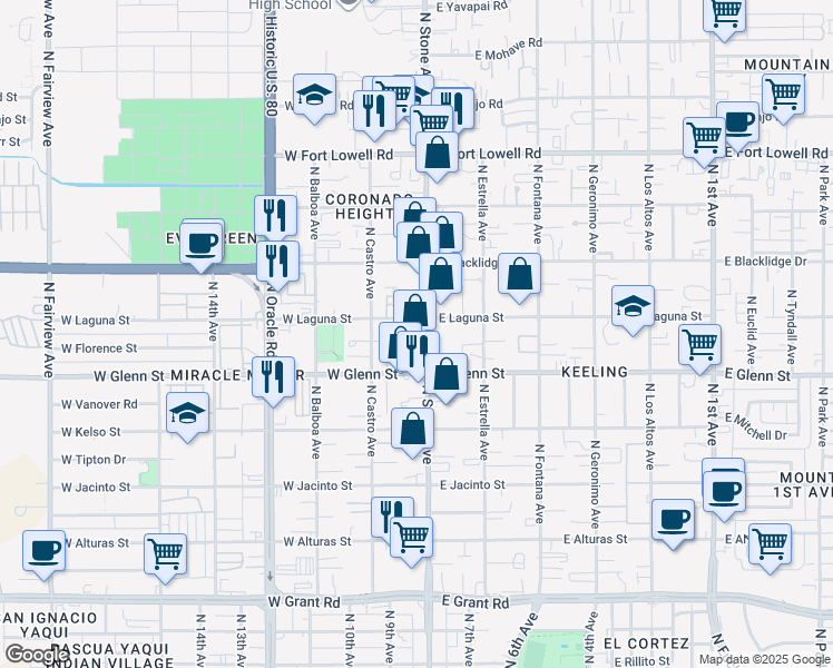 map of restaurants, bars, coffee shops, grocery stores, and more near 2835 North Stone Avenue in Tucson