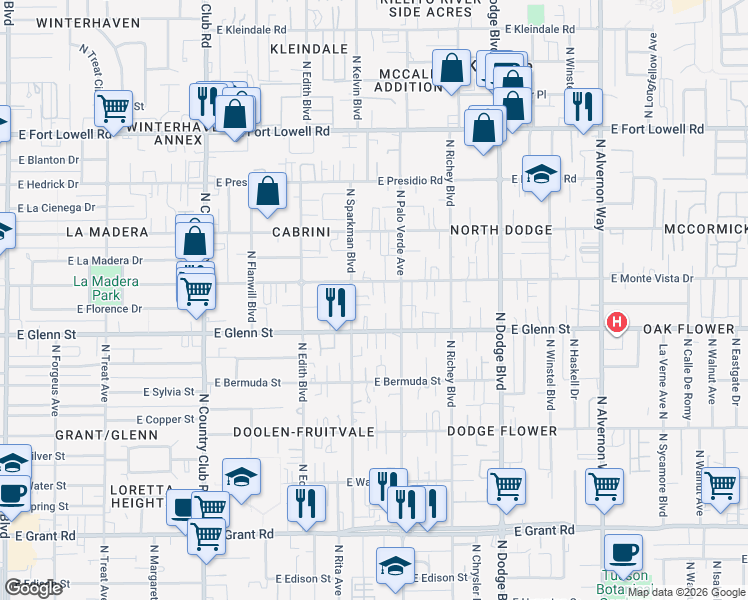 map of restaurants, bars, coffee shops, grocery stores, and more near 3438 East Monte Vista Drive in Tucson