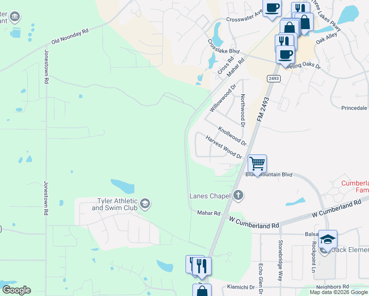 map of restaurants, bars, coffee shops, grocery stores, and more near 15210 County Road 164 in Tyler