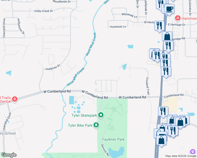 map of restaurants, bars, coffee shops, grocery stores, and more near 421 West Cumberland Road in Tyler