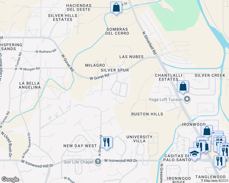 map of restaurants, bars, coffee shops, grocery stores, and more near 2820 West Silver Spur Drive in Tucson