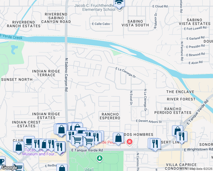 map of restaurants, bars, coffee shops, grocery stores, and more near 7392 East Vactor Ranch Trail in Tucson