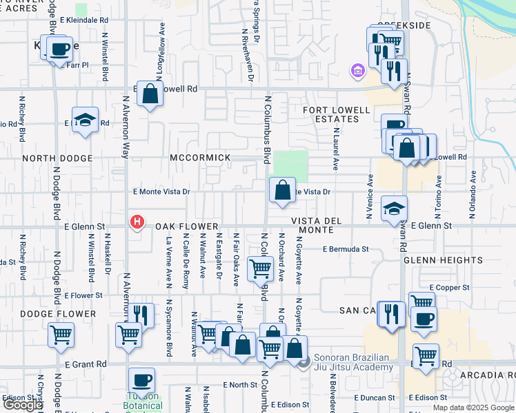 map of restaurants, bars, coffee shops, grocery stores, and more near 4301 East Hayhurst Street in Tucson