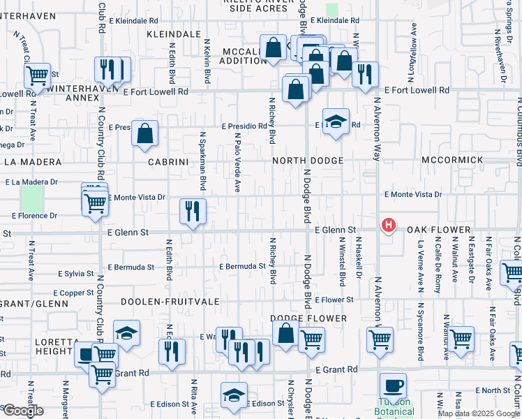 map of restaurants, bars, coffee shops, grocery stores, and more near 3540 East Monte Vista Drive in Tucson