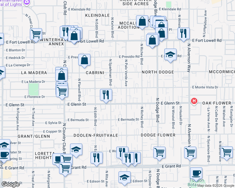 map of restaurants, bars, coffee shops, grocery stores, and more near 3438 East Monte Vista Drive in Tucson