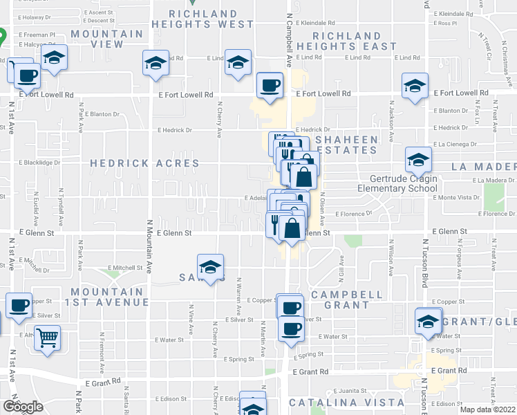 map of restaurants, bars, coffee shops, grocery stores, and more near 1746 East Adelaide Drive in Tucson