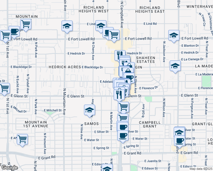 map of restaurants, bars, coffee shops, grocery stores, and more near 1746 East Adelaide Drive in Tucson