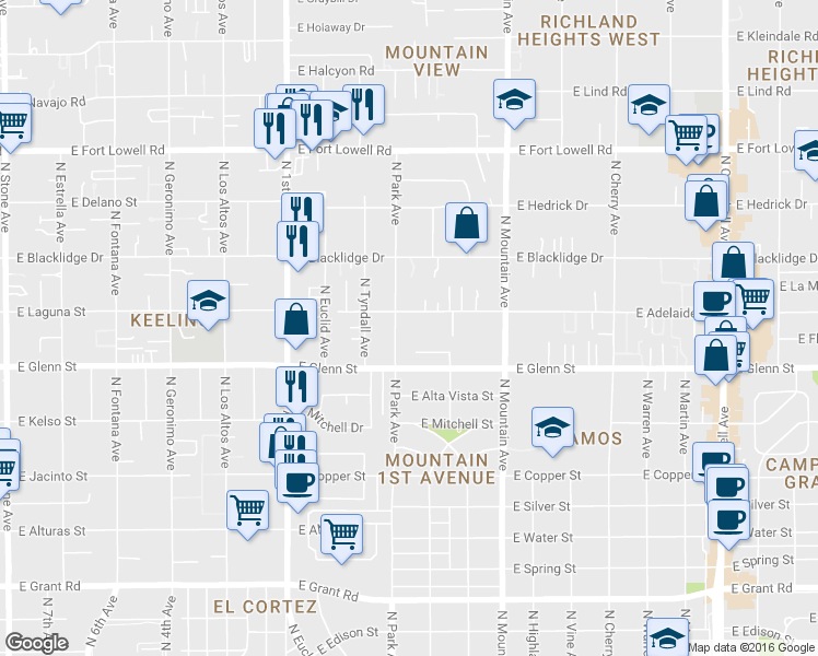 map of restaurants, bars, coffee shops, grocery stores, and more near 2890 North Park Avenue in Tucson