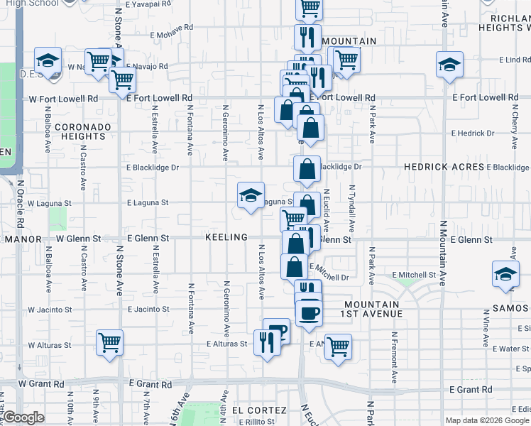 map of restaurants, bars, coffee shops, grocery stores, and more near 532 East Laguna Street in Tucson