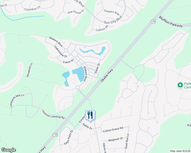 map of restaurants, bars, coffee shops, grocery stores, and more near 112 Slater Street in Bluffton