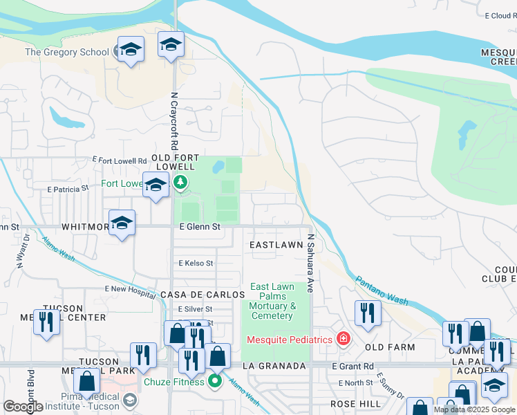 map of restaurants, bars, coffee shops, grocery stores, and more near 5701 East Glenn Street in Tucson