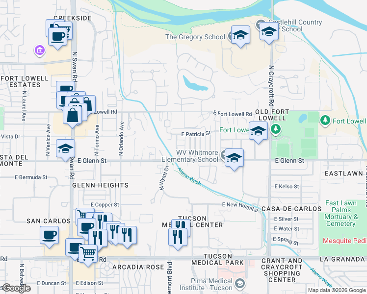 map of restaurants, bars, coffee shops, grocery stores, and more near 2852 North Rosemont Avenue in Tucson