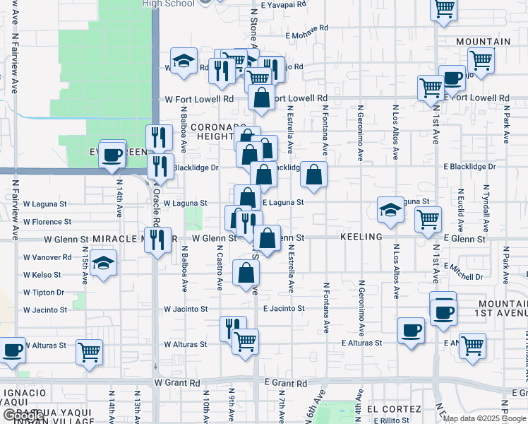 map of restaurants, bars, coffee shops, grocery stores, and more near 2854 North Stone Avenue in Tucson