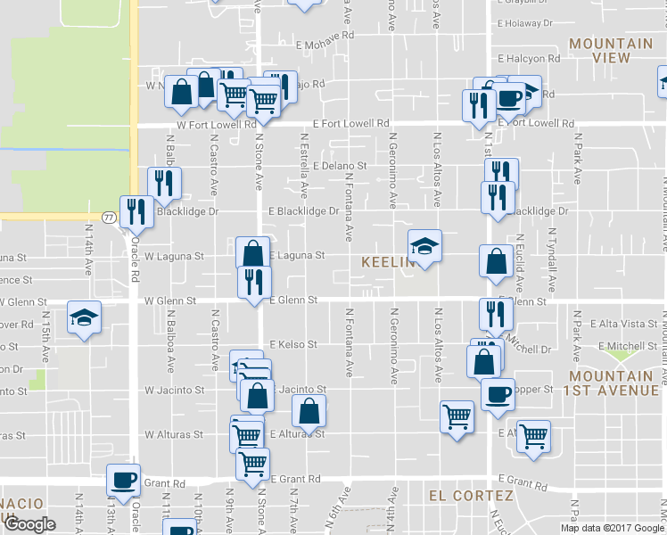 map of restaurants, bars, coffee shops, grocery stores, and more near 2849 North Fontana Avenue in Tucson