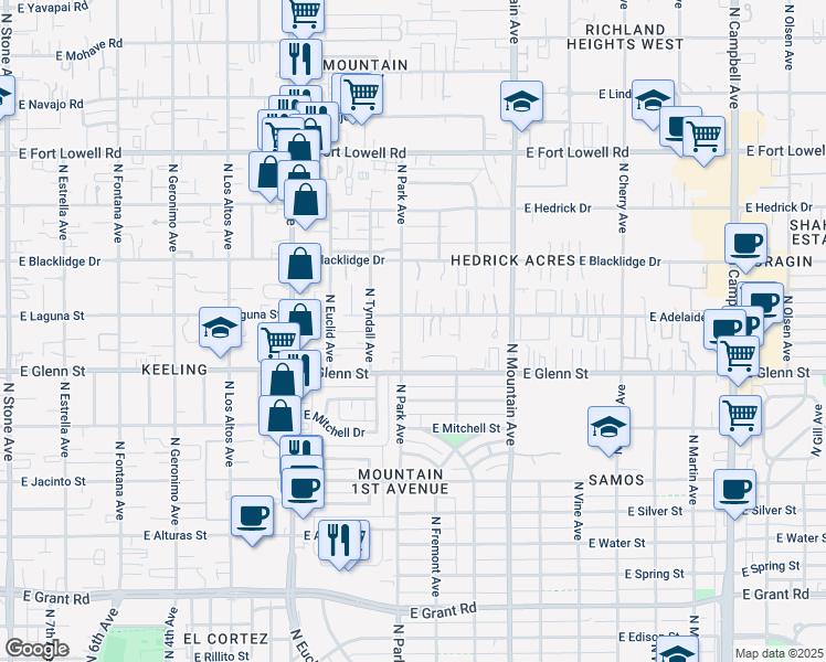 map of restaurants, bars, coffee shops, grocery stores, and more near 2890 North Park Avenue in Tucson