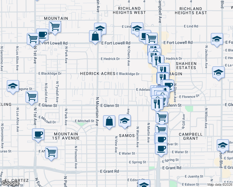 map of restaurants, bars, coffee shops, grocery stores, and more near 1410 East Adelaide Drive in Tucson