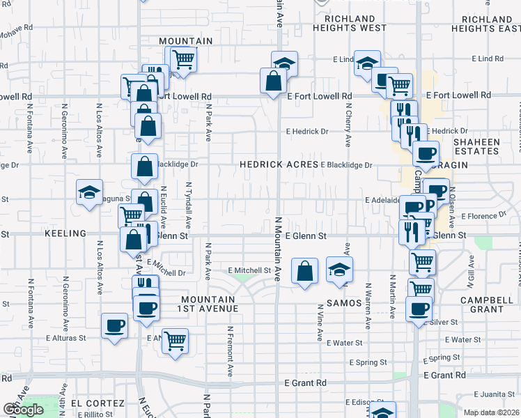 map of restaurants, bars, coffee shops, grocery stores, and more near 1220 E Adelaide Dr in Tucson