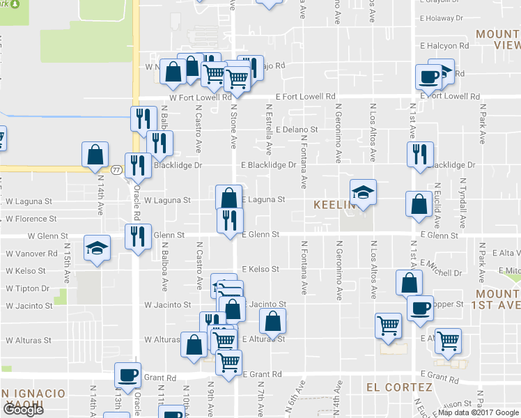 map of restaurants, bars, coffee shops, grocery stores, and more near 2841 North Estrella Avenue in Tucson