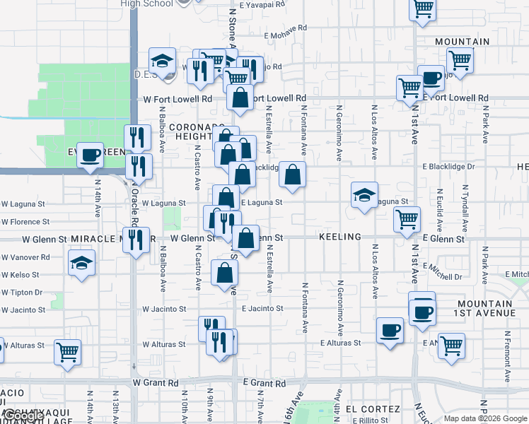 map of restaurants, bars, coffee shops, grocery stores, and more near 2841 North Estrella Avenue in Tucson