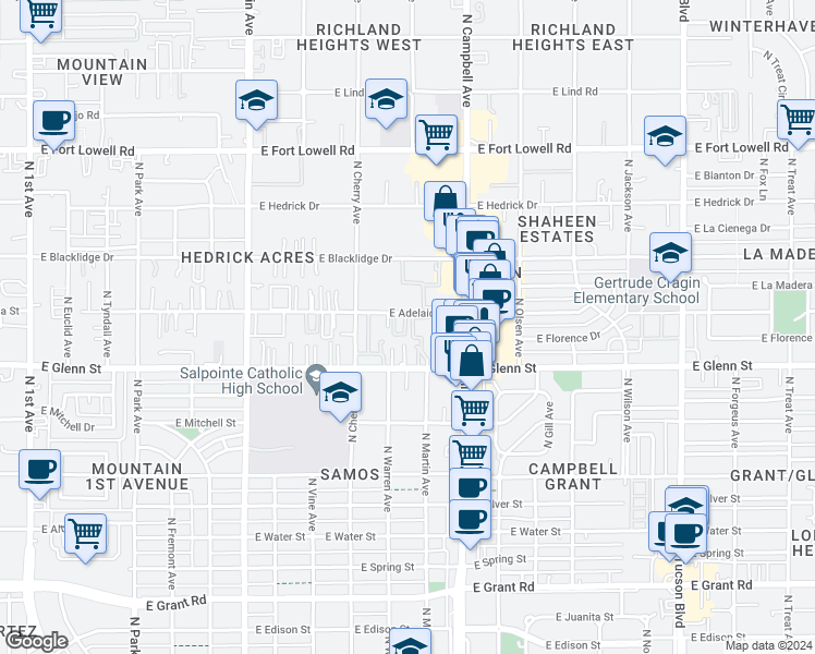map of restaurants, bars, coffee shops, grocery stores, and more near 1746 East Adelaide Drive in Tucson