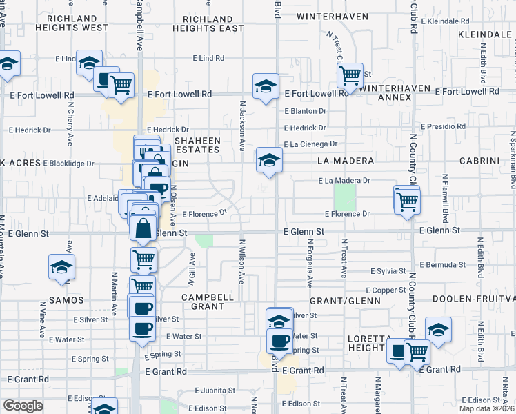 map of restaurants, bars, coffee shops, grocery stores, and more near 2842 North Wilson Avenue in Tucson