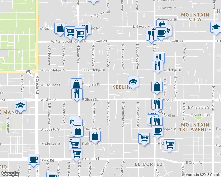 map of restaurants, bars, coffee shops, grocery stores, and more near 2848 North Fontana Avenue in Tucson