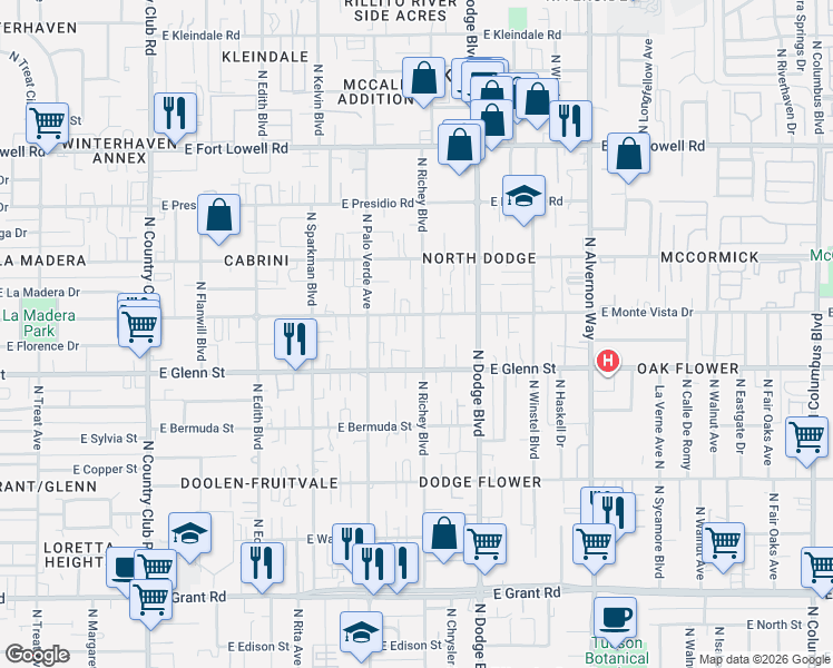 map of restaurants, bars, coffee shops, grocery stores, and more near 2841 North Richey Boulevard in Tucson
