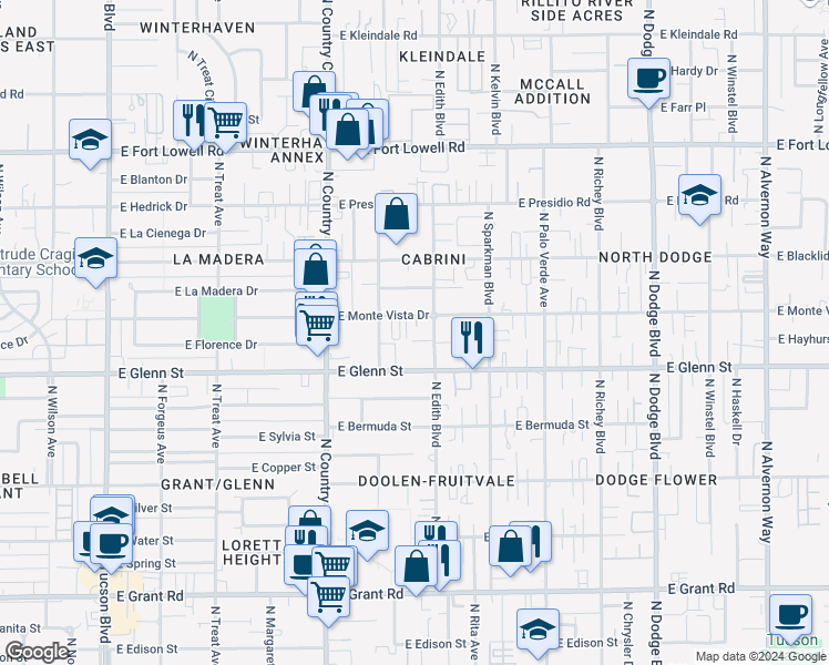 map of restaurants, bars, coffee shops, grocery stores, and more near 2831 North Edith Boulevard in Tucson