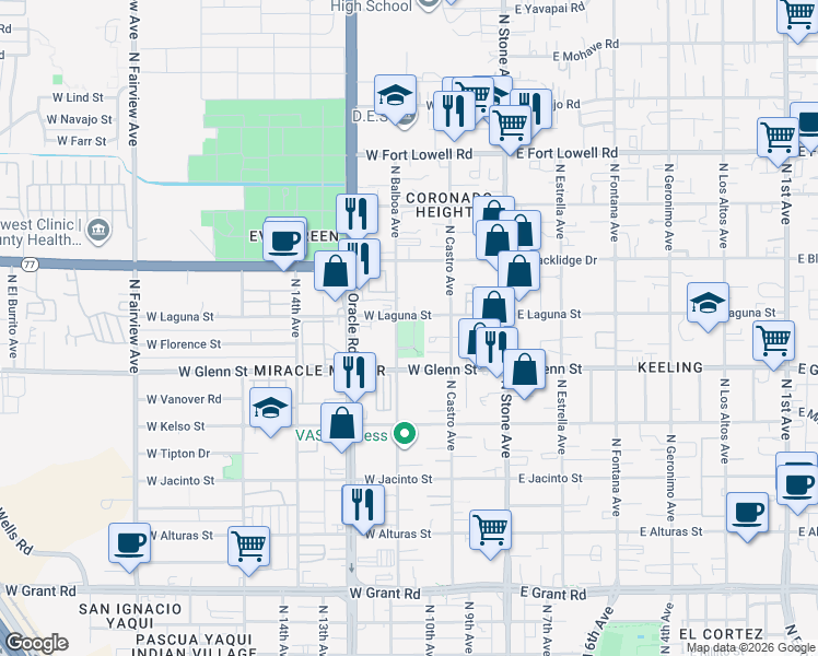 map of restaurants, bars, coffee shops, grocery stores, and more near 2874 North Balboa Avenue in Tucson