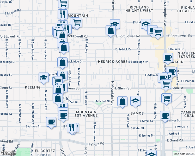 map of restaurants, bars, coffee shops, grocery stores, and more near 2831 North Adelaide Place in Tucson