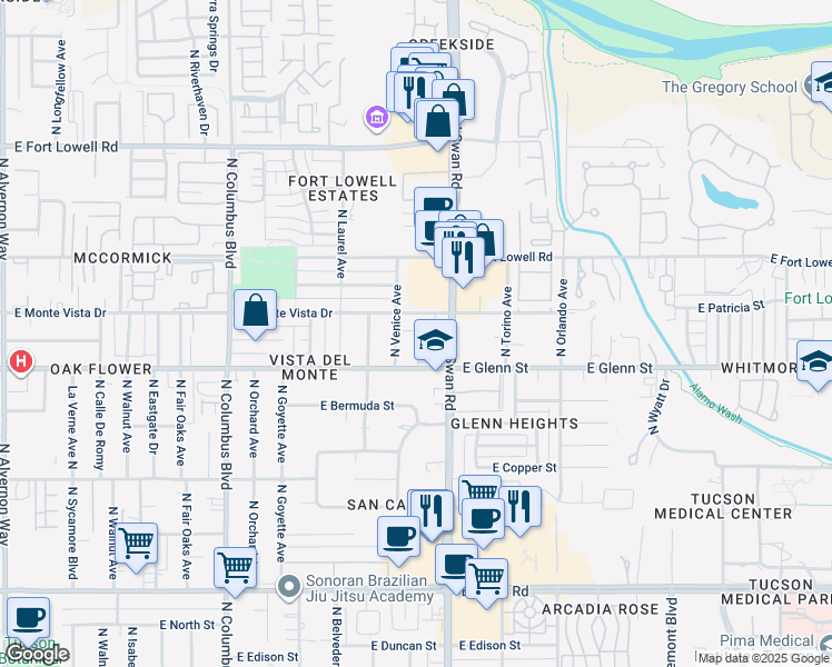 map of restaurants, bars, coffee shops, grocery stores, and more near 4670 East San Francisco Boulevard in Tucson