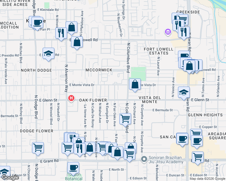 map of restaurants, bars, coffee shops, grocery stores, and more near 4242 East Monte Vista Drive in Tucson