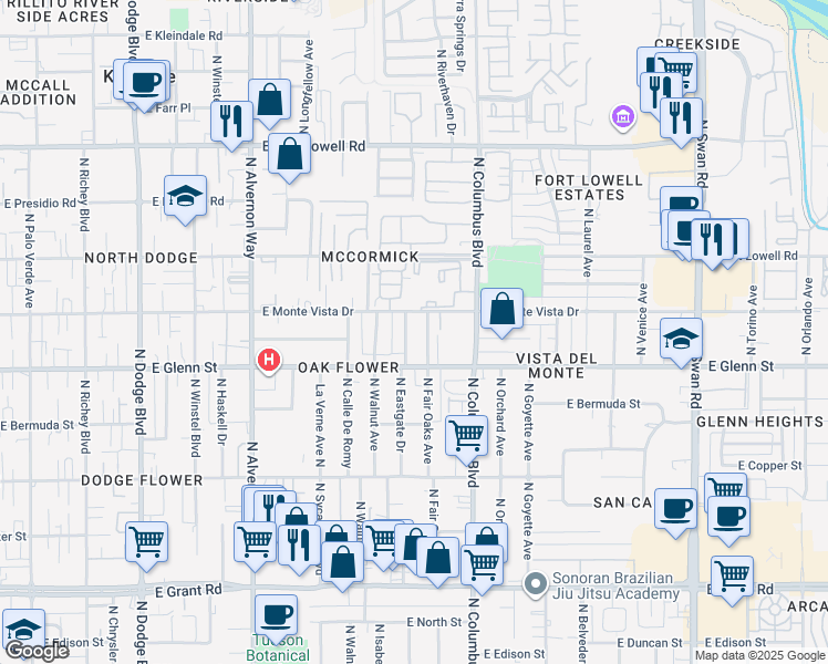 map of restaurants, bars, coffee shops, grocery stores, and more near 2841 North Eastgate Drive in Tucson