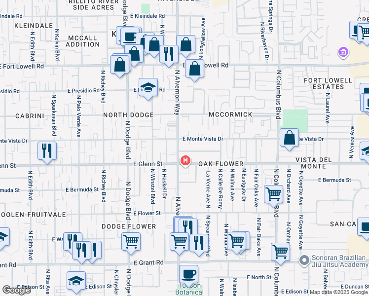 map of restaurants, bars, coffee shops, grocery stores, and more near 3943 East Hayhurst Lane in Tucson