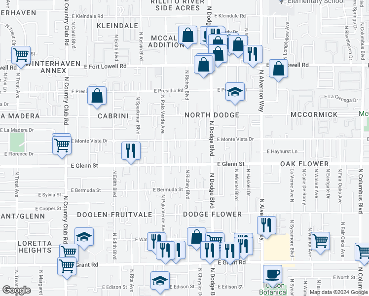 map of restaurants, bars, coffee shops, grocery stores, and more near 2842 North Richey Boulevard in Tucson