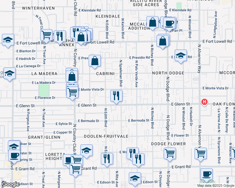 map of restaurants, bars, coffee shops, grocery stores, and more near 2884 North Sparkman Boulevard in Tucson