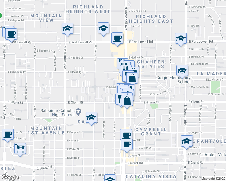map of restaurants, bars, coffee shops, grocery stores, and more near 1746 East Adelaide Drive in Tucson